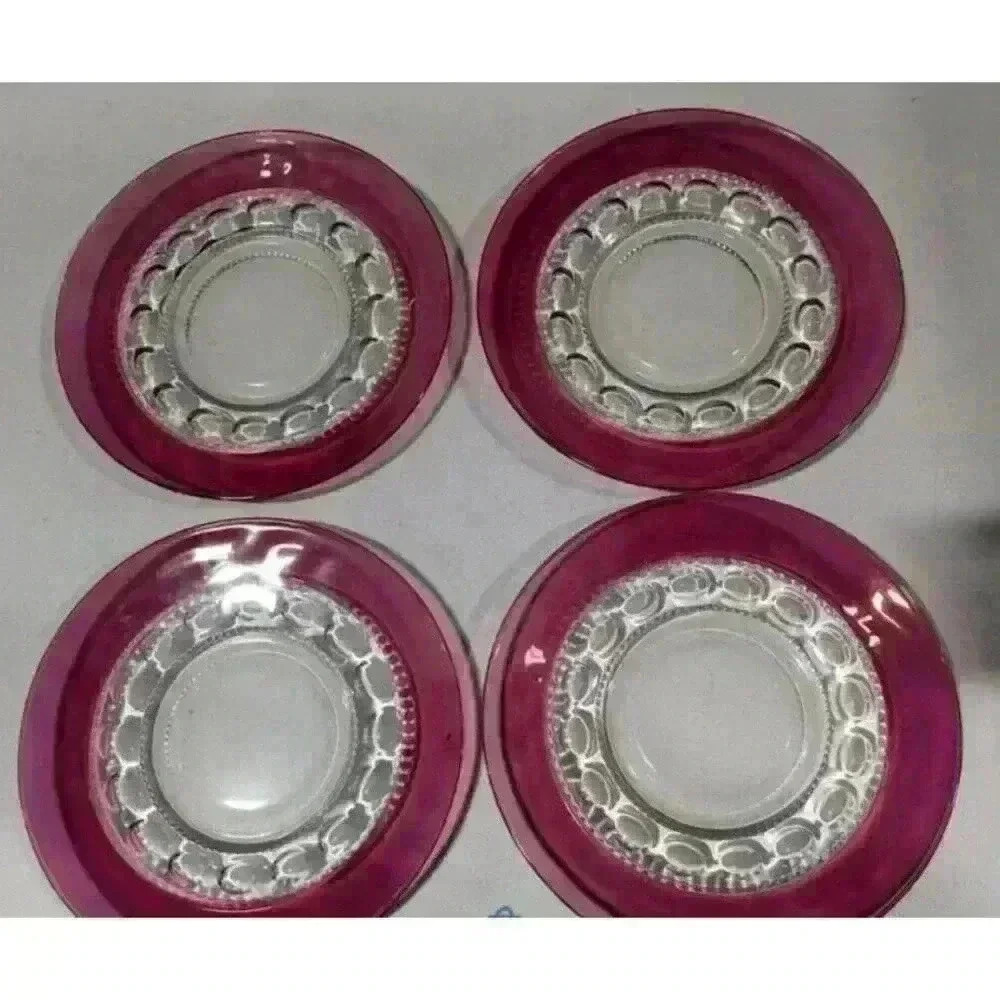 Vintage Tiffin Co Cranberry Kings Crown Glass Goblet & Lunch Plates Set Of 8 - Picture 3 of 6